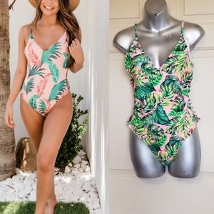 Striking Sunset Peach Tropical Print Swimsuit